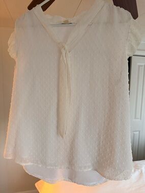 Calvin Klein White Swiss-Dot Tie Neck Blouse